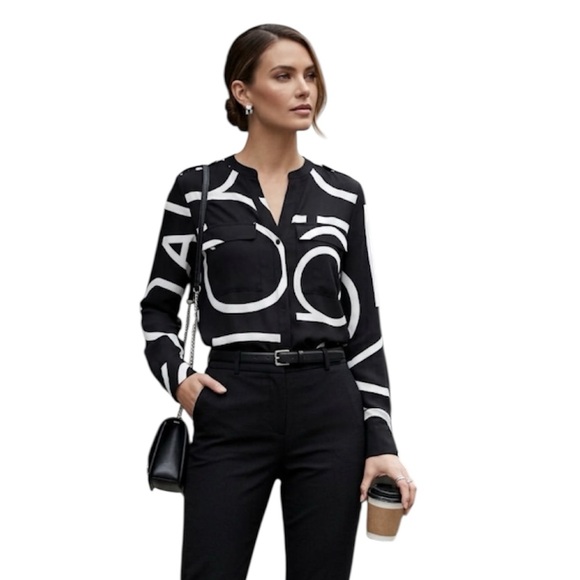 Calvin Klein Tops - Calvin Klein Black & White long sleeve Logo Button Down Blouse Size; Small